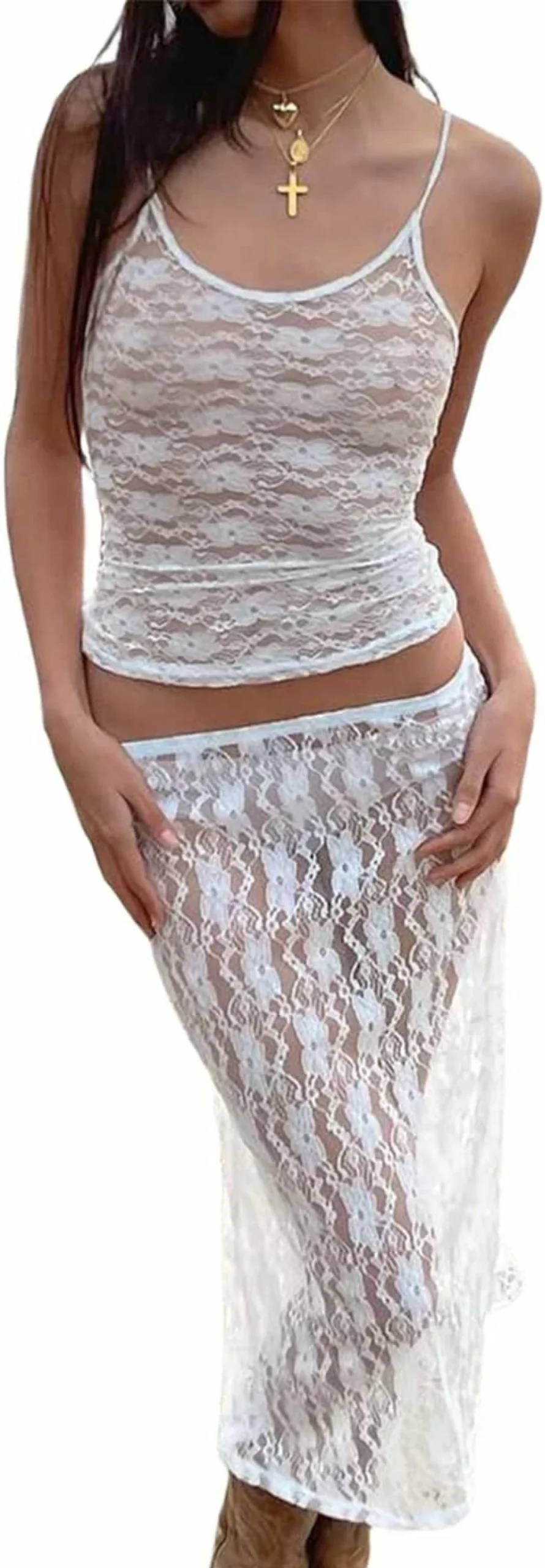 Zempertoopa Women's Y2K Lace Tube Top & See-Through Maxi Skirt Set - Strapless Bodycon 2-Piece Outfit for Summer Parties