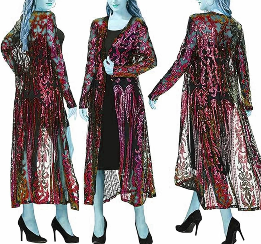 PROMLINK Women's Sparkly Sequin Duster Cardigan Long Blazer Jacket for Evening Wear