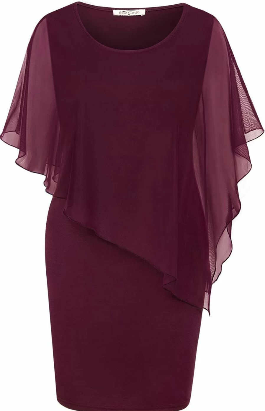 SeSe Code Women's Elegant Mesh Cape Overlay Bodycon Dress for Wedding Guest, Knee-Length Pencil Dress with Sheer Detail
