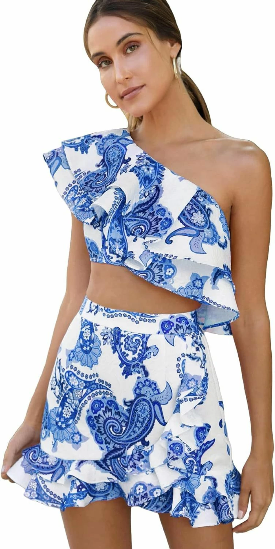 Floerns Women's One Shoulder Ruffled Crop Top and Skirt 2-Piece Outfit Set