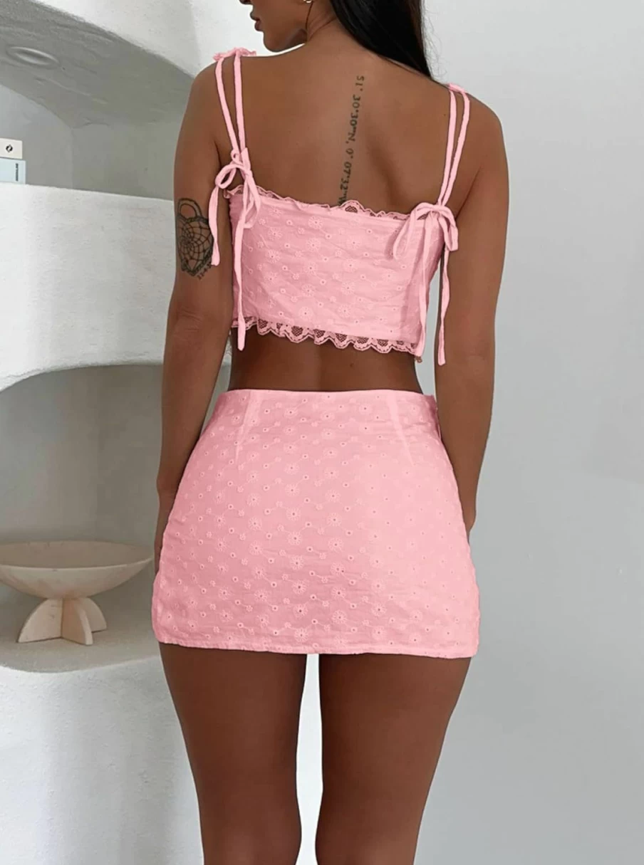 "CSDAJIO Women's Summer 2-Piece Outfit: Floral Eyelet Crop Top & Lace Trim Mini Skirt Set"