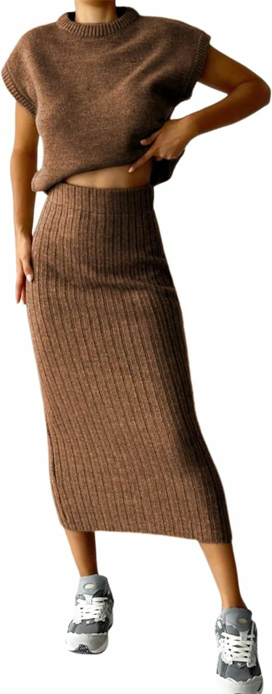 Zhiyouni Women's Knit Sweater Set with Vest and Bodycon Maxi Skirt - Loungewear Outfits 2 Piece