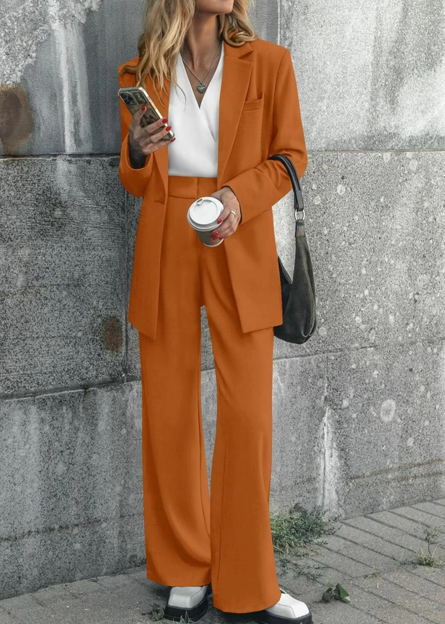 KIRUNDO Women's 2024 Fall Blazer Set - Loose Long Jacket & Wide Leg Pant Suit with Pockets, Casual & Dressy Outfit