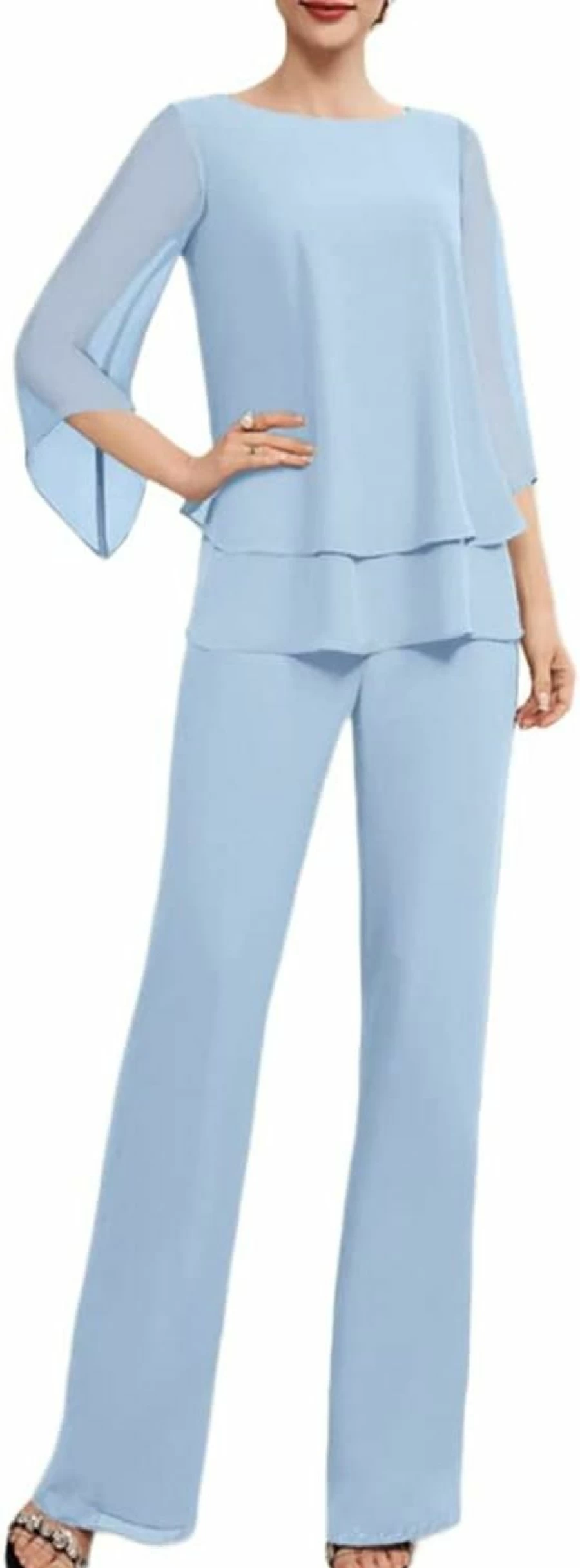 Zongqiven Women's Elegant Chiffon Pantsuit Set for Weddings, Evening Parties, and Formal Events - 2 Piece Dressy Outfit