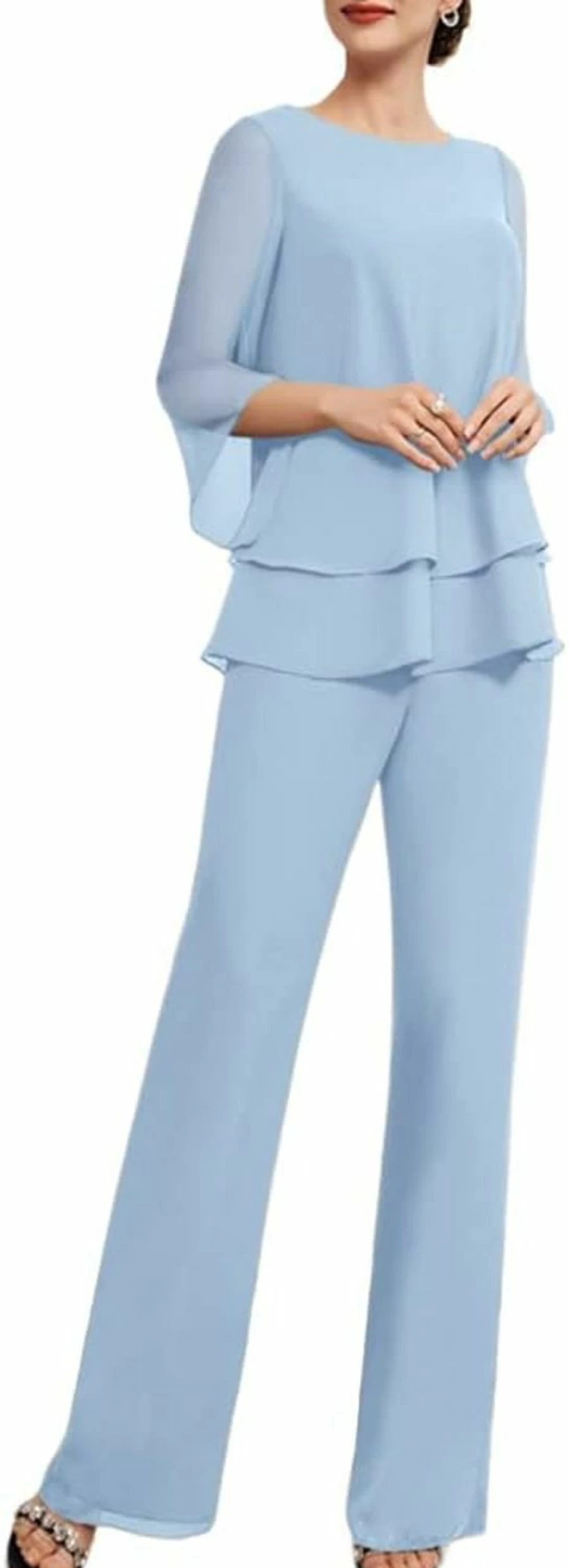 Zongqiven Women's Elegant Chiffon Pantsuit Set for Weddings, Evening Parties, and Formal Events - 2 Piece Dressy Outfit
