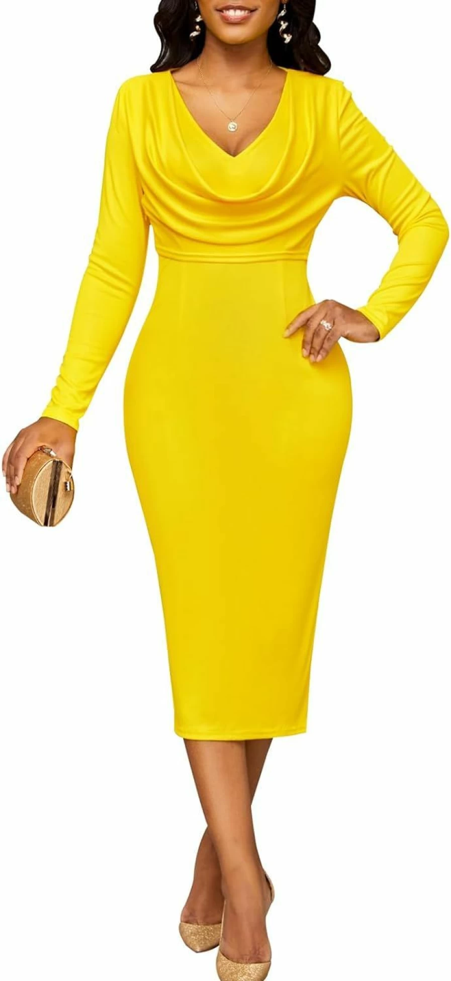 ZonJie Women's Vintage Bodycon Midi Dress Long Sleeve Ruched Pencil Dress for Church Office Work