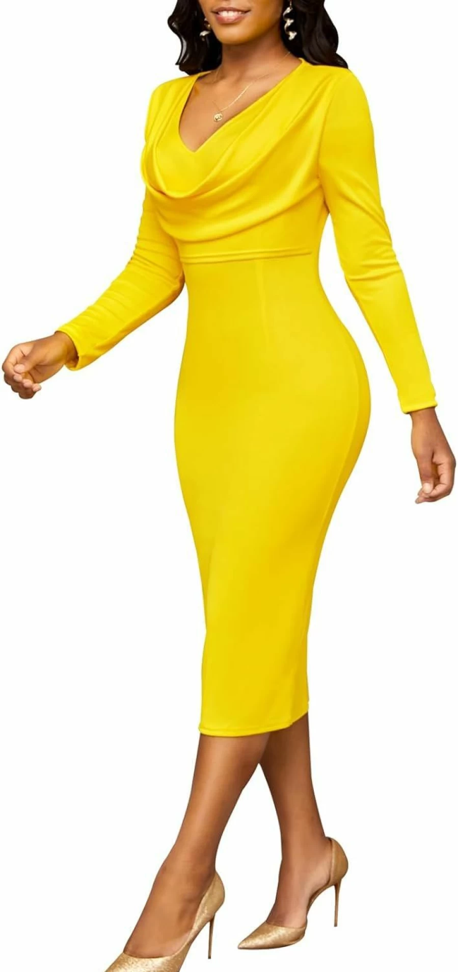 ZonJie Women's Vintage Bodycon Midi Dress Long Sleeve Ruched Pencil Dress for Church Office Work