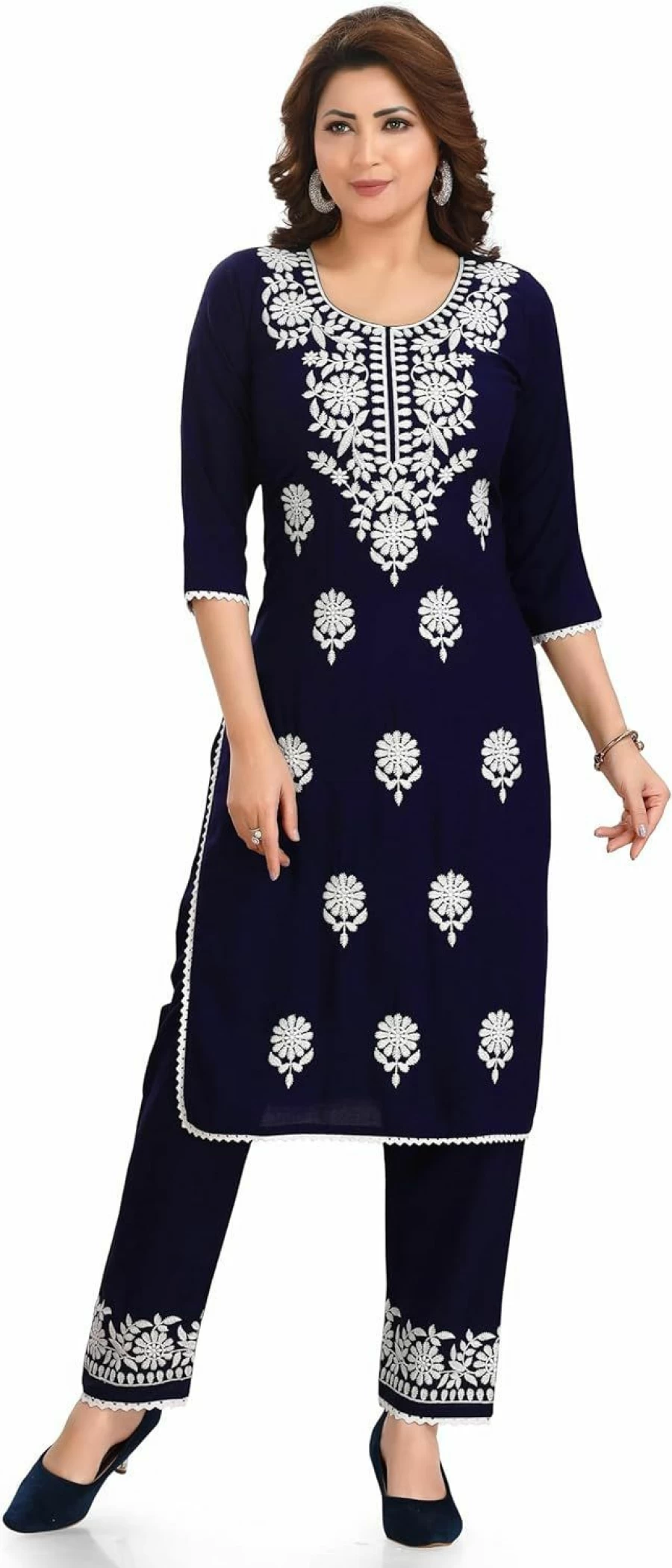 Ladyline Women's Rayon Lucknowi Embroidered Kurta & Pants Set - Traditional Indian Ethnic Dress
