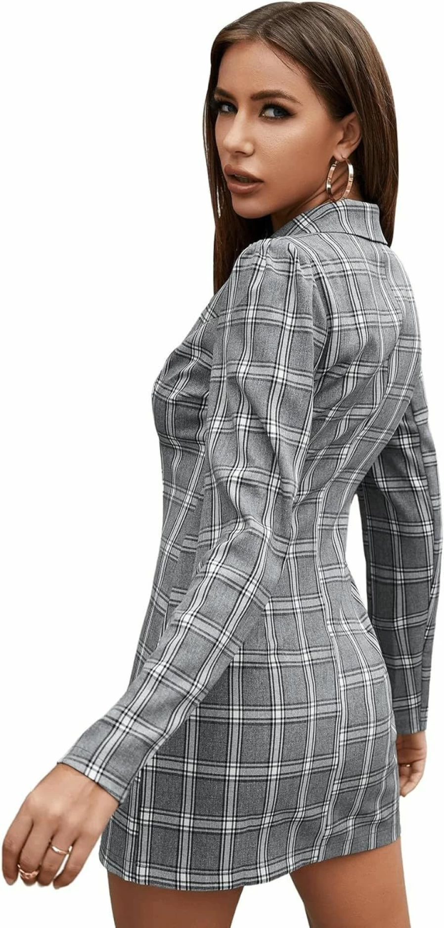 SweatyRocks Women's Plaid Blazer Dress with Puff Sleeves and Lapel Button Front for Casual Wear