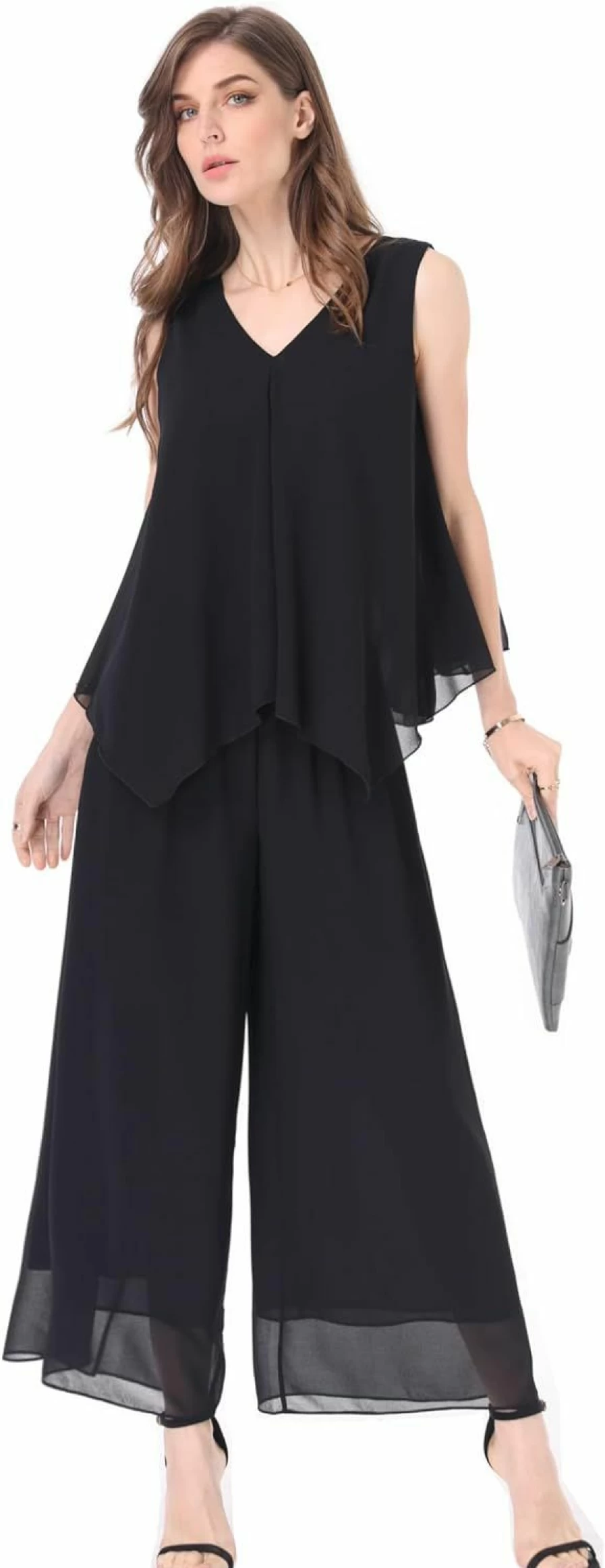 "Heipeiwa Women's 2-Piece Chiffon Pantsuit Set - Flowy Sleeveless Top & Casual Dressy Pants for Summer"