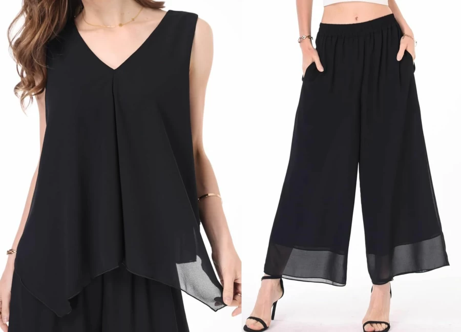"Heipeiwa Women's 2-Piece Chiffon Pantsuit Set - Flowy Sleeveless Top & Casual Dressy Pants for Summer"
