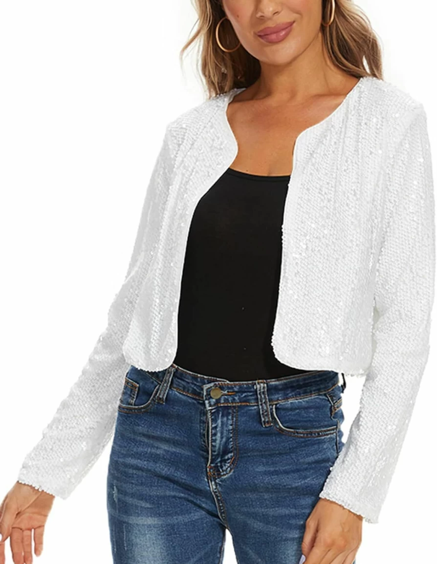 MINTLIMIT Women's Sparkly Sequin Cropped Bolero Jacket Long Sleeve Open Front Glitter Shrug Cardigan