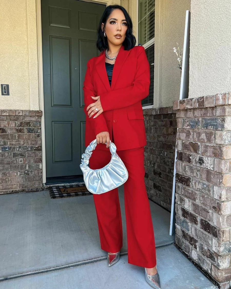 Luvamia Women's Business Casual Suit Set - Blazer Jacket & High Waisted Straight Leg Pants Office Outfit
