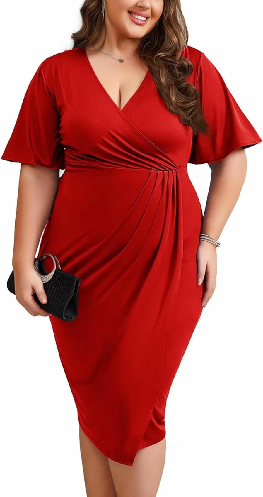 ZOMVA Plus Size Wrap V-Neck Midi Dress for Wedding Guest, Cocktail Party & Formal Events – Elegant Bell Sleeve Business Attire (1X-4X) 2024 Collection