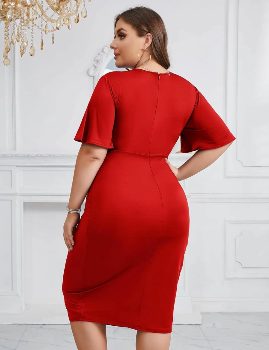 ZOMVA Plus Size Wrap V-Neck Midi Dress for Wedding Guest, Cocktail Party & Formal Events – Elegant Bell Sleeve Business Attire (1X-4X) 2024 Collection