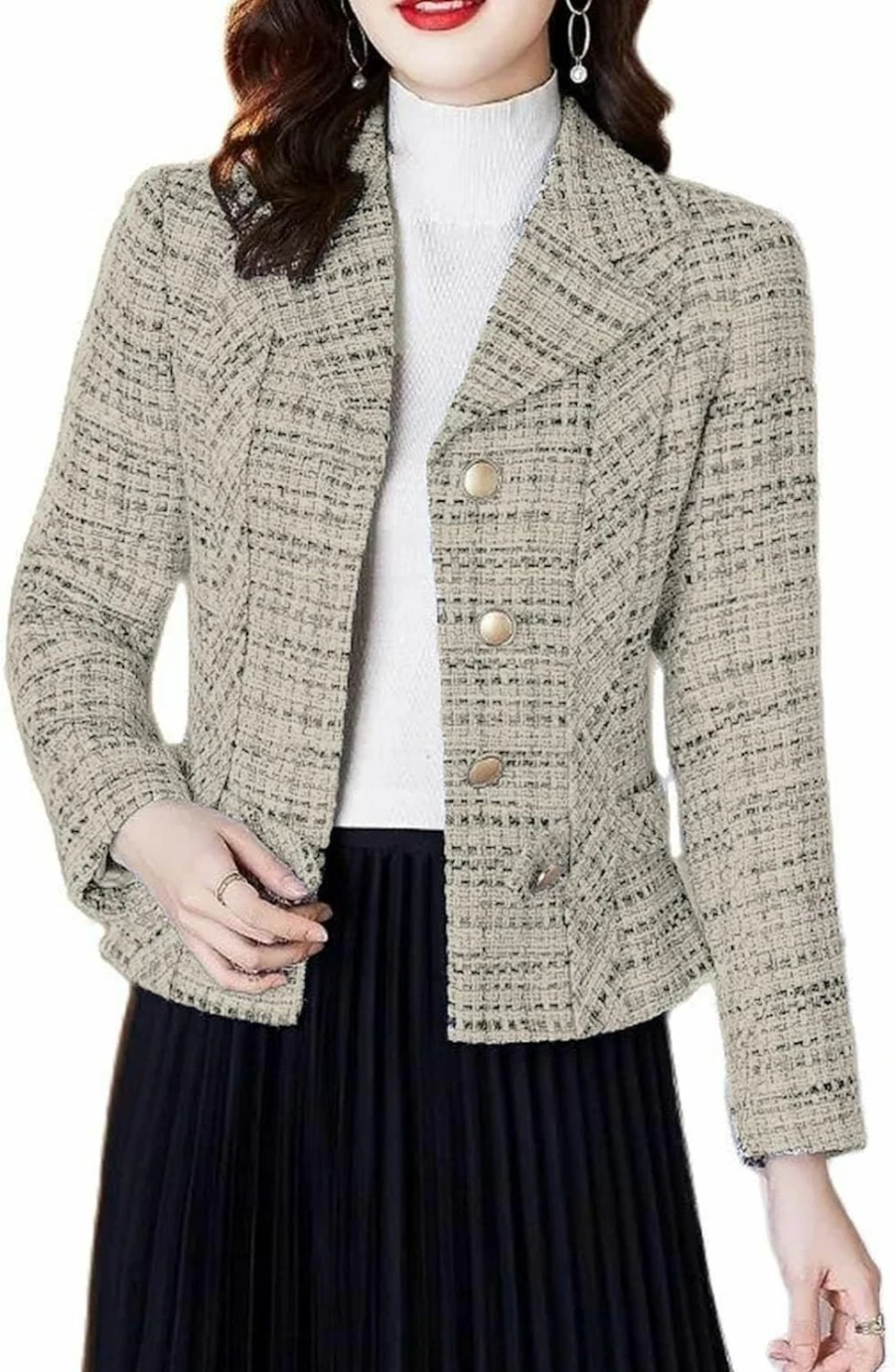 "2023 New Fall Winter Women's Tweed Plaid Cropped Blazer Jacket - Open Front Lapel for Work & Office Fashion | Mina Self Brand"