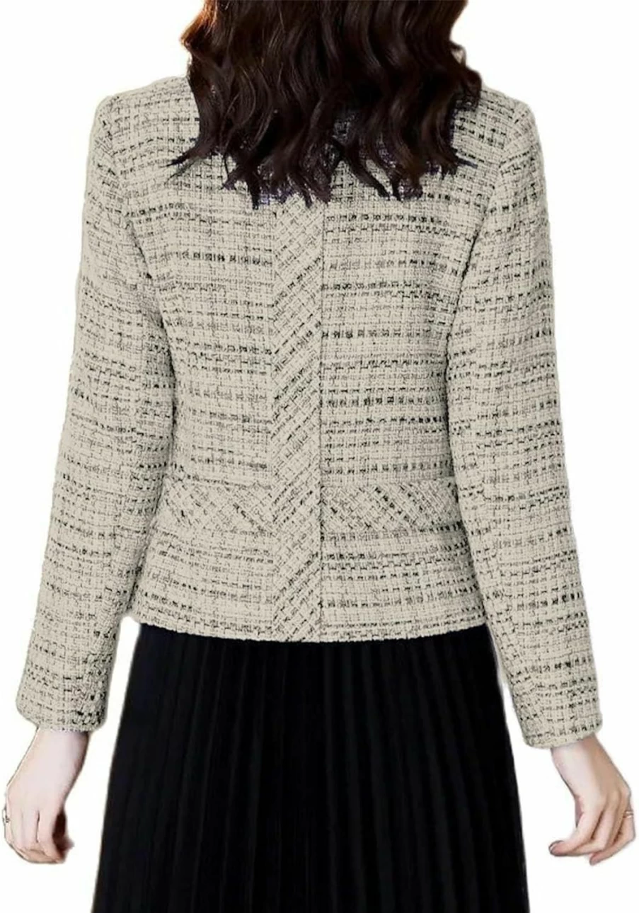 "2023 New Fall Winter Women's Tweed Plaid Cropped Blazer Jacket - Open Front Lapel for Work & Office Fashion | Mina Self Brand"