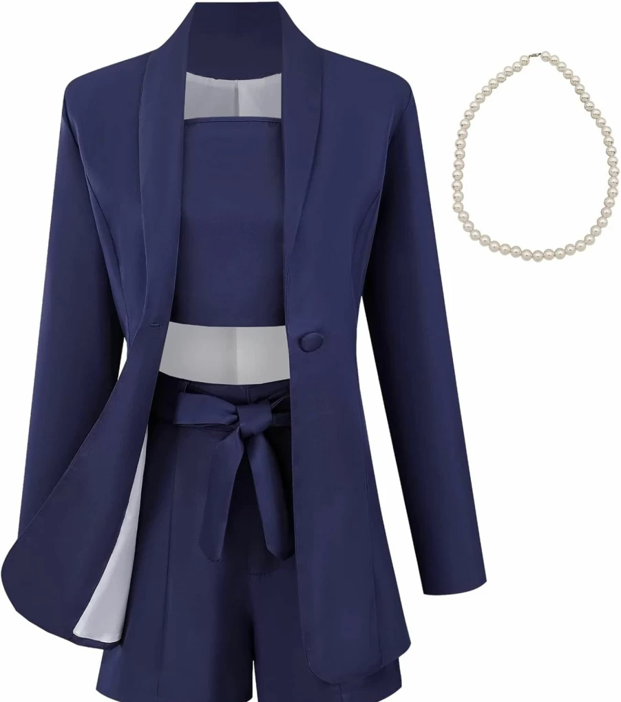 "AROMM Women's 3-Piece Business Suit Set: Long Sleeve Blazer, Tied Shorts & Camisole - Comfortable Office Outfits"