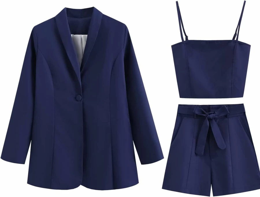 "AROMM Women's 3-Piece Business Suit Set: Long Sleeve Blazer, Tied Shorts & Camisole - Comfortable Office Outfits"