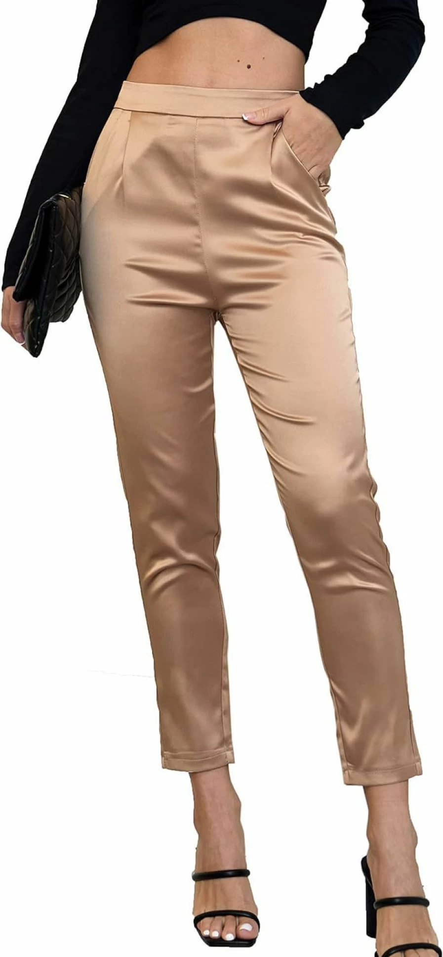 Fakanhui Women's High Waist Satin Trousers - Elegant Stretch Silky Dress Pants for Casual Wear