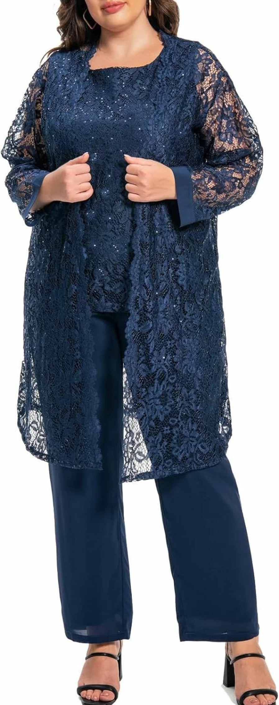 WTJIAPAI Plus Size Elegant Women's Sequin Lace Jacket Pant Suit Set for Mother of the Bride Evening Gown Chiffon Pants & Tank Top
