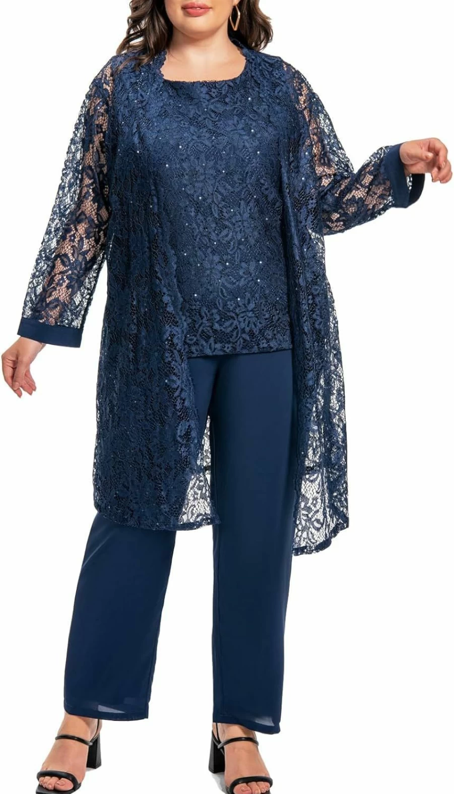 WTJIAPAI Plus Size Elegant Women's Sequin Lace Jacket Pant Suit Set for Mother of the Bride Evening Gown Chiffon Pants & Tank Top