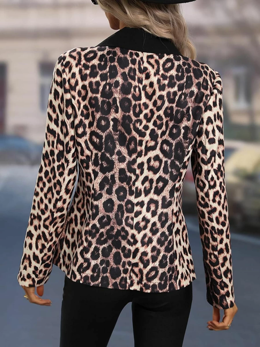WDIRARA Women's Leopard Print Blazer - Elegant Double Button Lapel Collar Jacket for Women