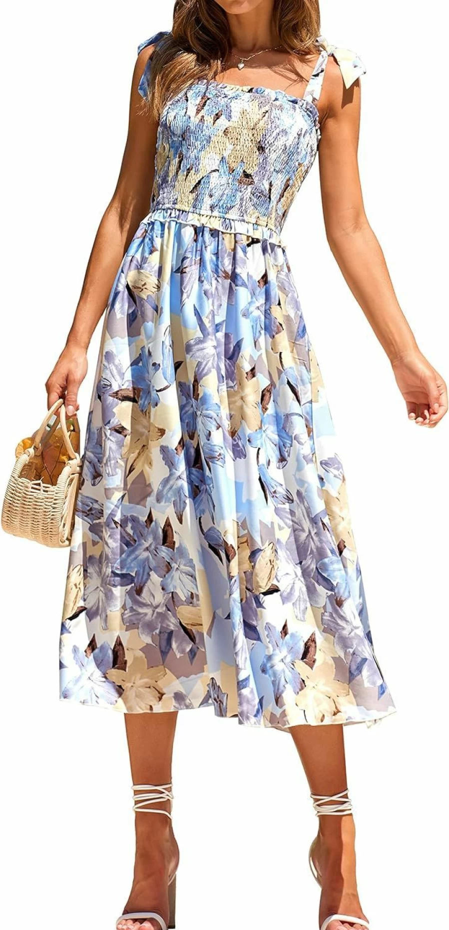PRETTYGARDEN Women's Floral Boho Maxi Dress 2024 - Square Neck Smocked Ruffle Summer Cocktail Dress with Tie Strap