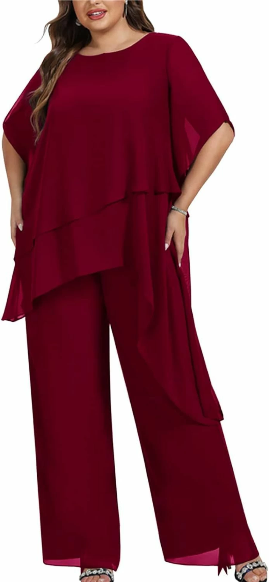 Zongqiven Plus Size Women's Elegant 2-Piece Chiffon Pant Suit Set - Asymmetric Flowy Tunic & Pants Outfit for Mother of the Bride