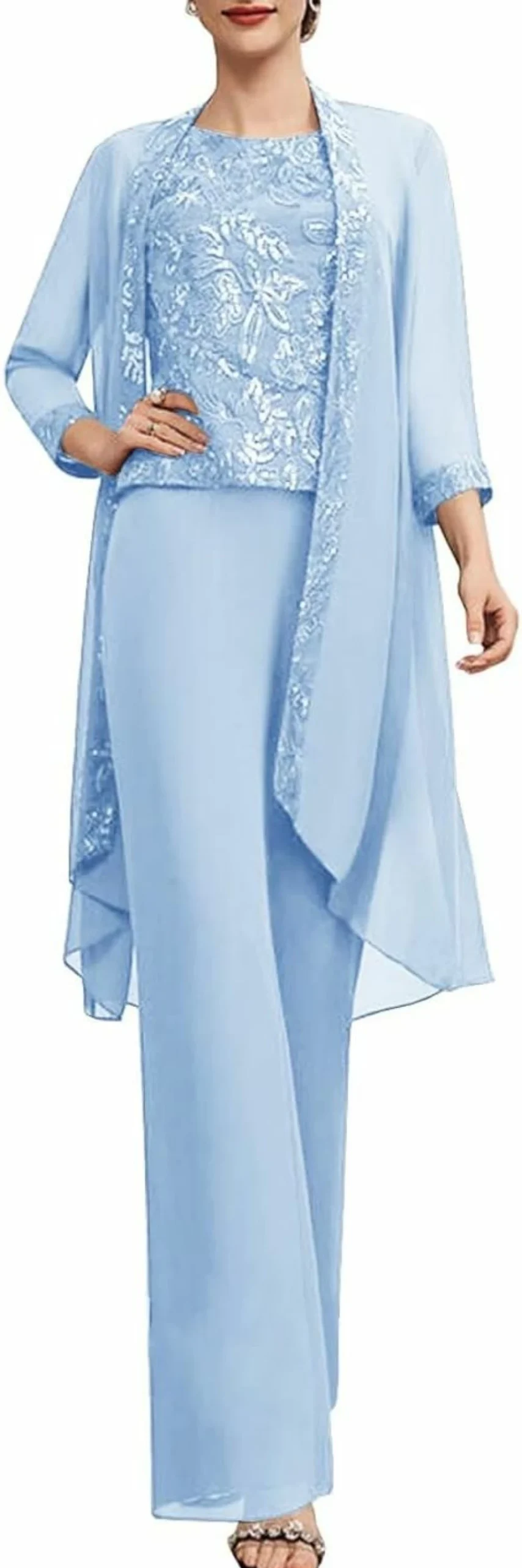 Zongqiven Women's Elegant 3-Piece Pant Suit Set with Lace Appliques for Mother of the Bride, Formal Dressy Outfit