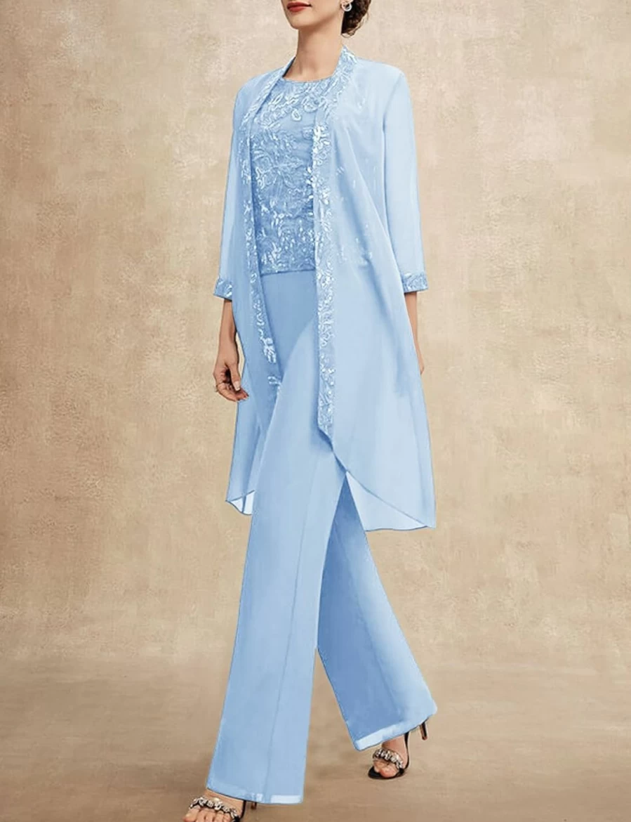 Zongqiven Women's Elegant 3-Piece Pant Suit Set with Lace Appliques for Mother of the Bride, Formal Dressy Outfit