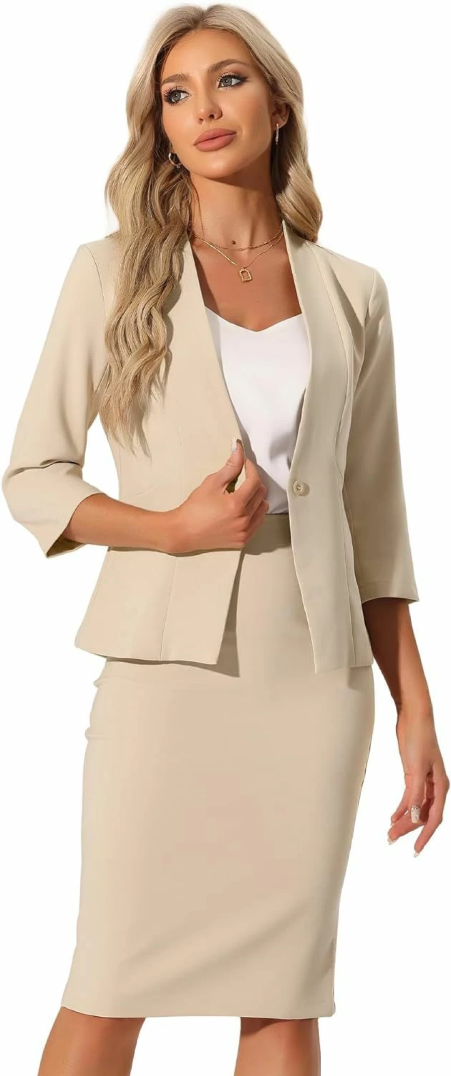 Allegra K Women's 2 Piece Business Suit Set - Collarless Blazer & Pencil Skirt Office Work Outfit
