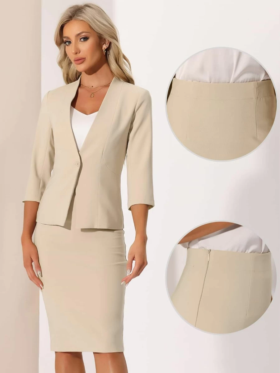 Allegra K Women's 2 Piece Business Suit Set - Collarless Blazer & Pencil Skirt Office Work Outfit