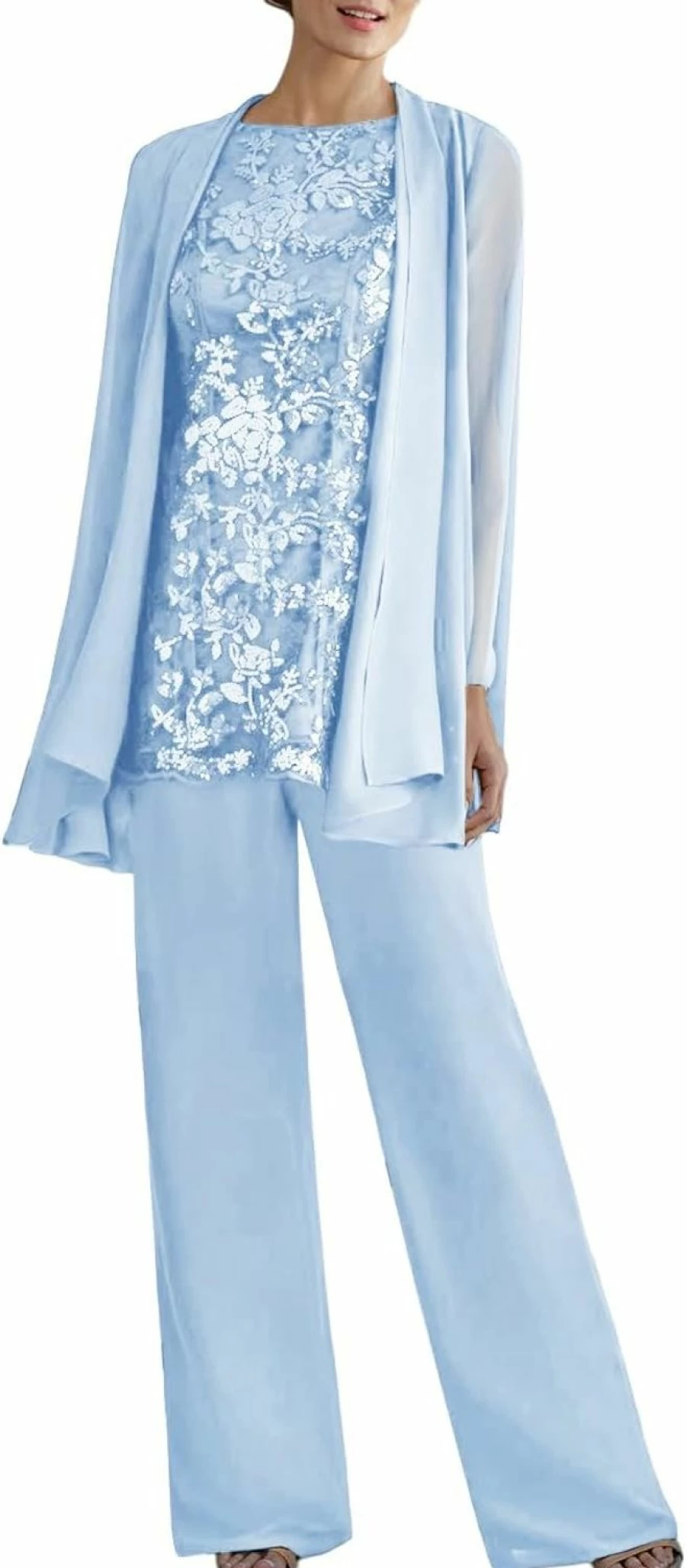 Zongqiven Women's Elegant 3-Piece Lace Pants Suit - Mother of the Bride Wedding Formal Outfit - Stylish Dressy Sets for Special Occasions